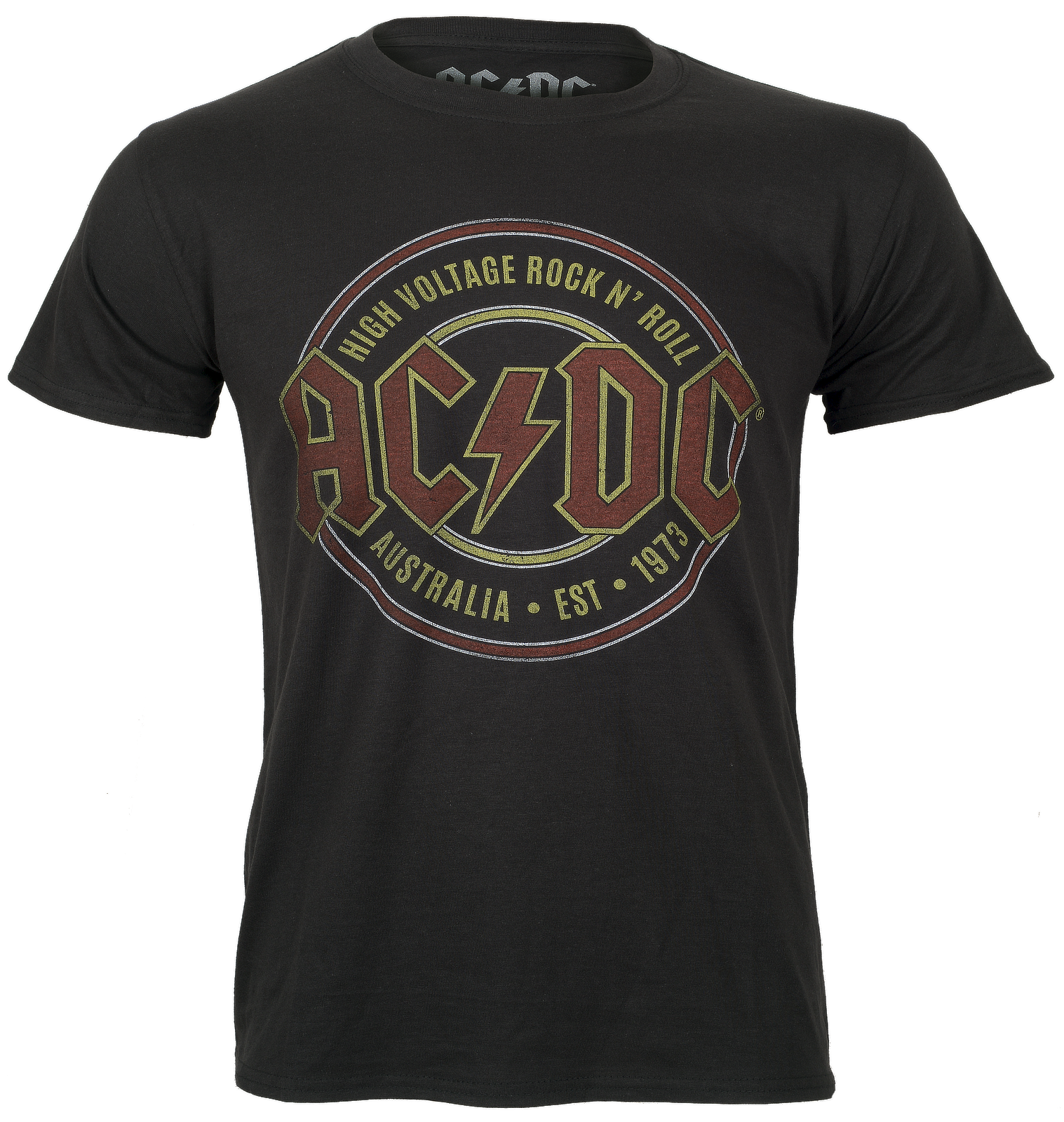 black officially licensed acdc t shirt with established 1973 high voltage rock n roll graphic print on the front