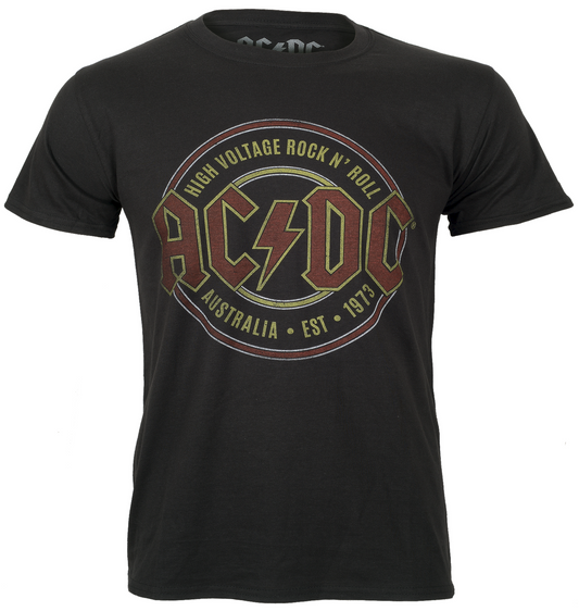 black officially licensed acdc t shirt with established 1973 high voltage rock n roll graphic print on the front