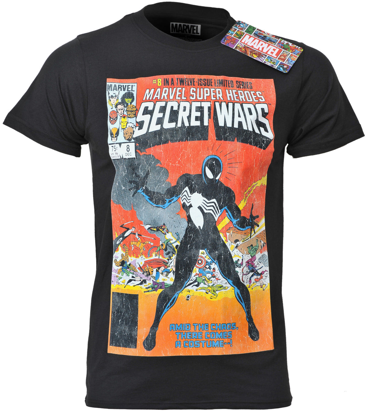 a black marvel official t shirt with a comic cover of spider man secret wars number 8 graphic print on the front
