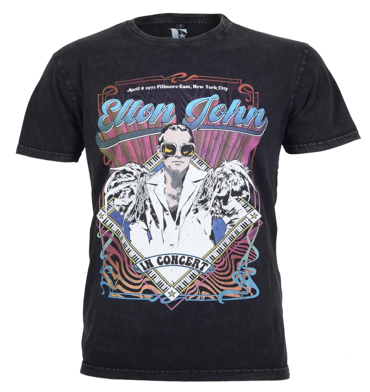 Official black Elton John T Shirt limited edition stonewash style with 1971 concert poster graphic on the front
