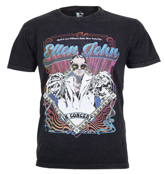 Official black Elton John T Shirt limited edition stonewash style with 1971 concert poster graphic on the front
