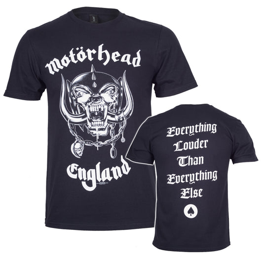 An official Black Motorhead cotton T Shirt with The warpig and Motorhead England on the front. On the back it says everything louder than everything else.