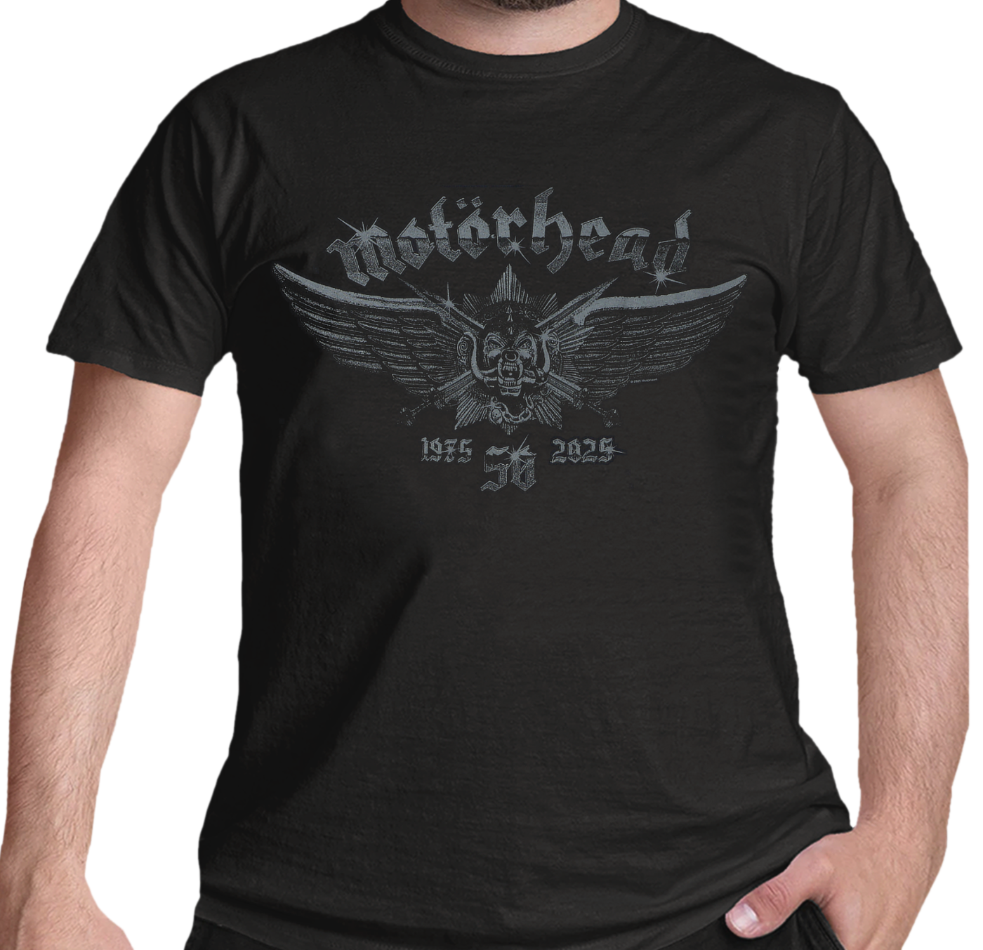 Black t-shirt with Motörhead wings logo and text on a white background