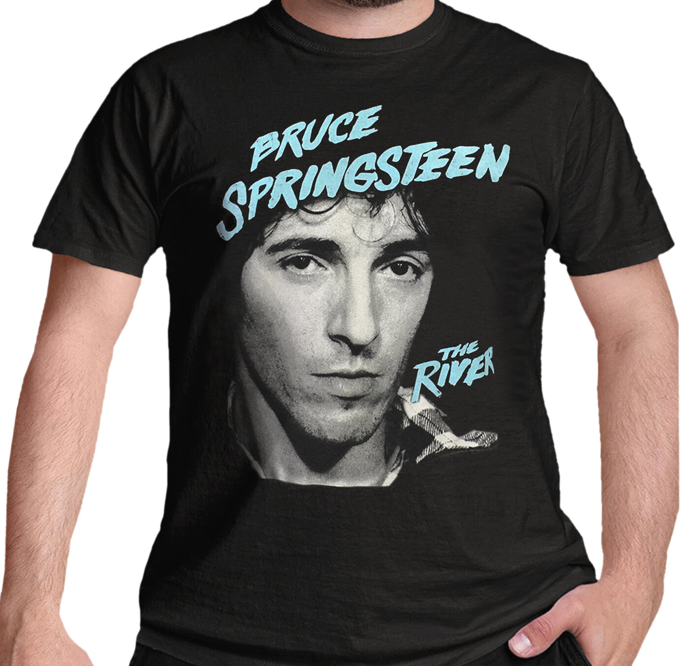 an official black Bruce Springsteen t shirt with an image of Bruce Springsteen and the river text on the front