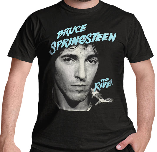 an official black Bruce Springsteen t shirt with an image of Bruce Springsteen and the river text on the front