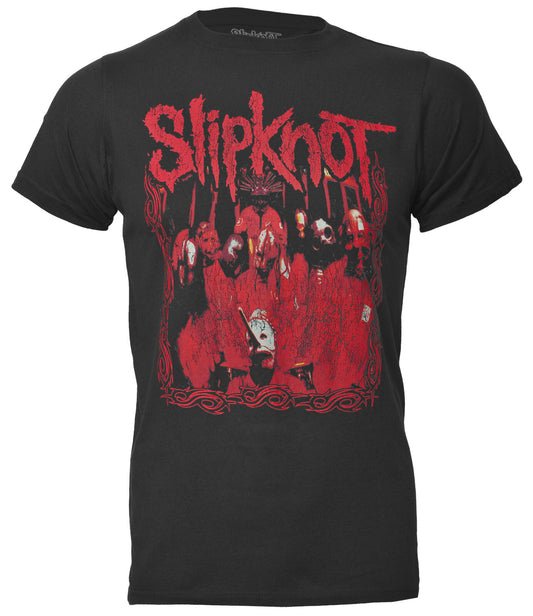 Official Slipknot Black t-shirt with band logo and band members wearing masks graphic design print in red on a white background