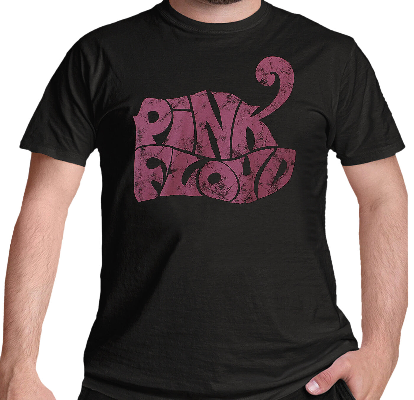Black official Pink Floyd t-shirt with vintage pink 'Pink Floyd' swirl logo worn by a person