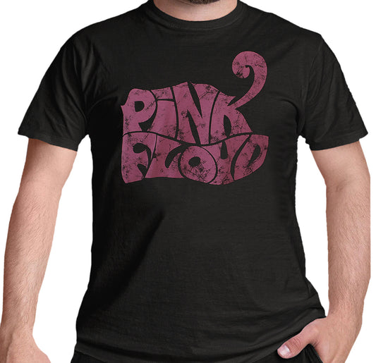 Black official Pink Floyd t-shirt with vintage pink 'Pink Floyd' swirl logo worn by a person