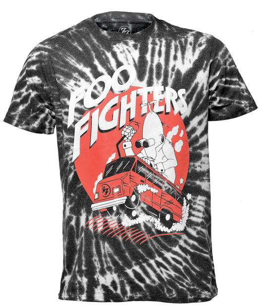 Official Foo Fighters black and white Tie-dye t-shirt with Foo Fighters red bus graphic design on the front