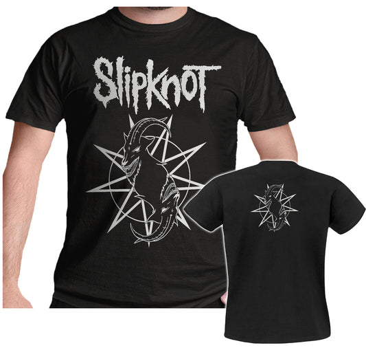 official Slipknot black t shirt with band logo  and goat star graphic on the front and back