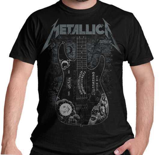 Official Metallica Black t-shirt with Metallica Kirk Hammett Ouija Guitar graphic design on the front