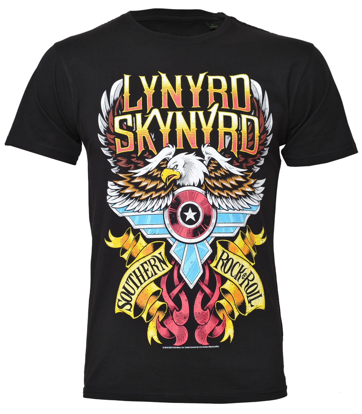 Black official Lynyrd Skynyrd t-shirt with Lynyrd Skynyrd southern rock n roll graphic design featuring an eagle and flames on the front