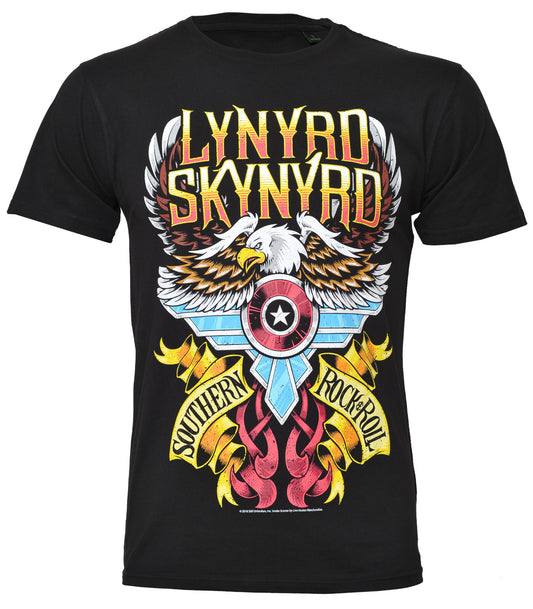 Black official Lynyrd Skynyrd t-shirt with Lynyrd Skynyrd southern rock n roll graphic design featuring an eagle and flames on the front