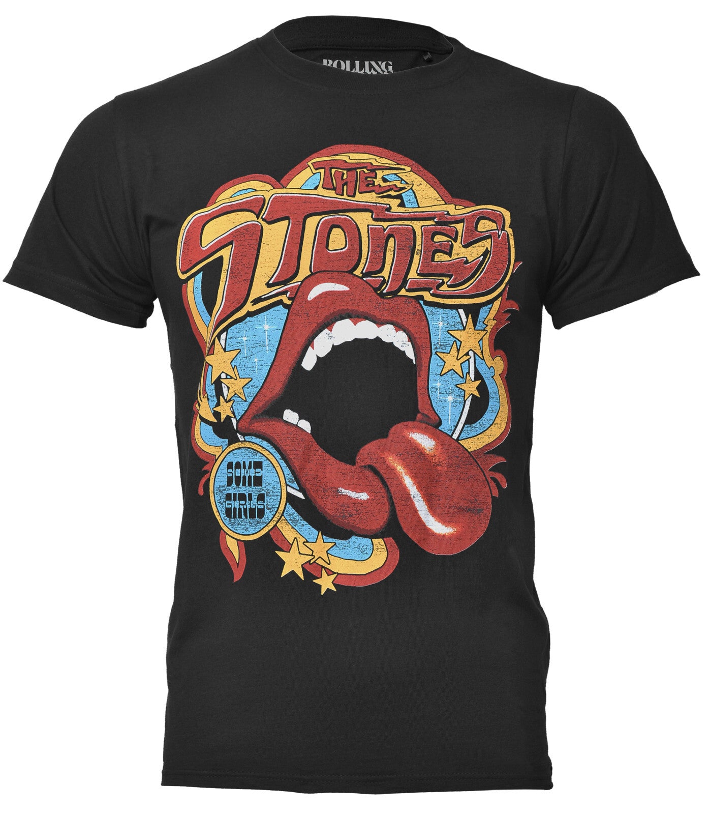 officially licensed Rolling Stones T Shirt with a 7os inspired lick tongue graphic and some girls text on the front 