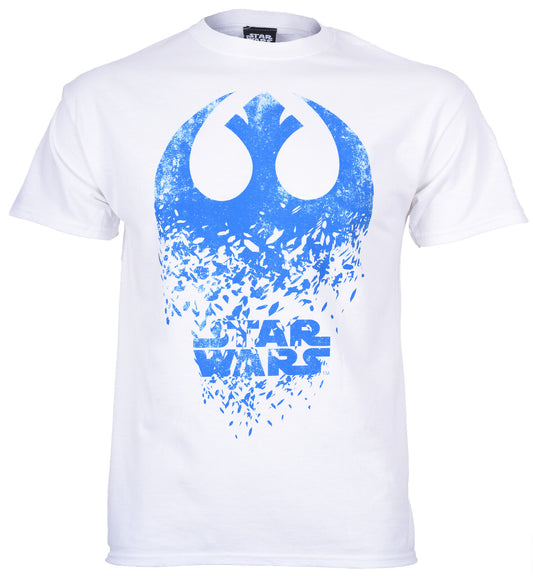 White t-shirt with blue 'Star Wars' logo on a white background
