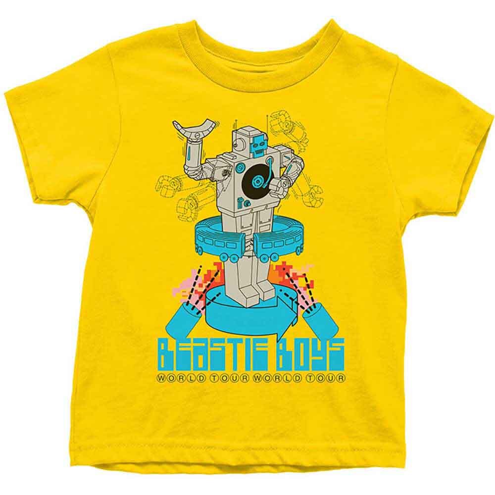 Yellow childrens official Beastie Boys t-shirt with robot graphic and 'Beastie Boys' text on a white background