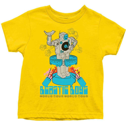 Yellow childrens official Beastie Boys t-shirt with robot graphic and 'Beastie Boys' text on a white background