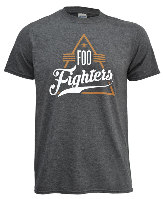 a grey foo fighters t shirt with foo fighters logo in a triangular shape on the front