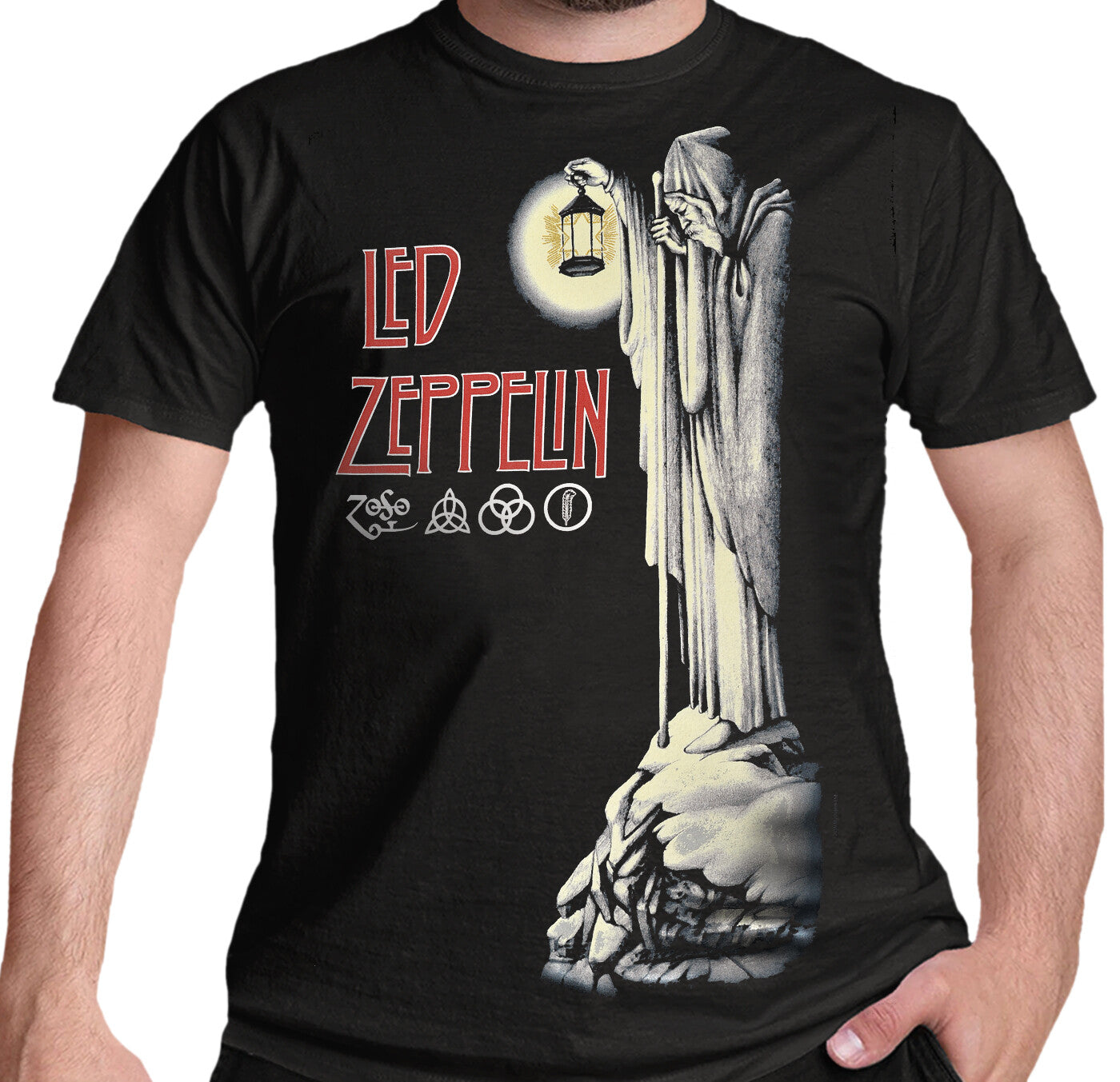 Black Led Zeppelin t-shirt with Led Zeppelin The Hermit design featuring a hooded figure and moon and Led Zepelin and symbols logo.