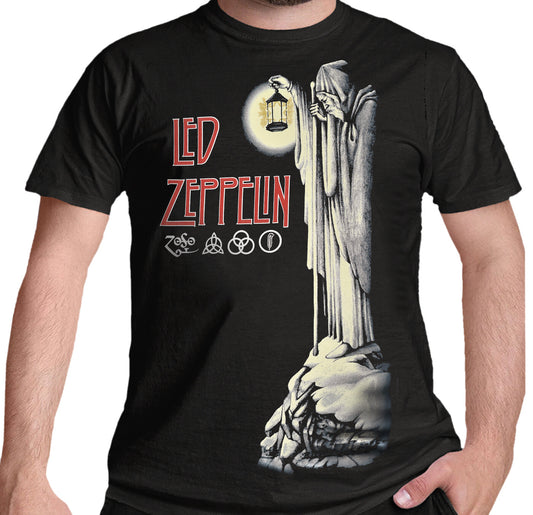 Black Led Zeppelin t-shirt with Led Zeppelin The Hermit design featuring a hooded figure and moon and Led Zepelin and symbols logo.