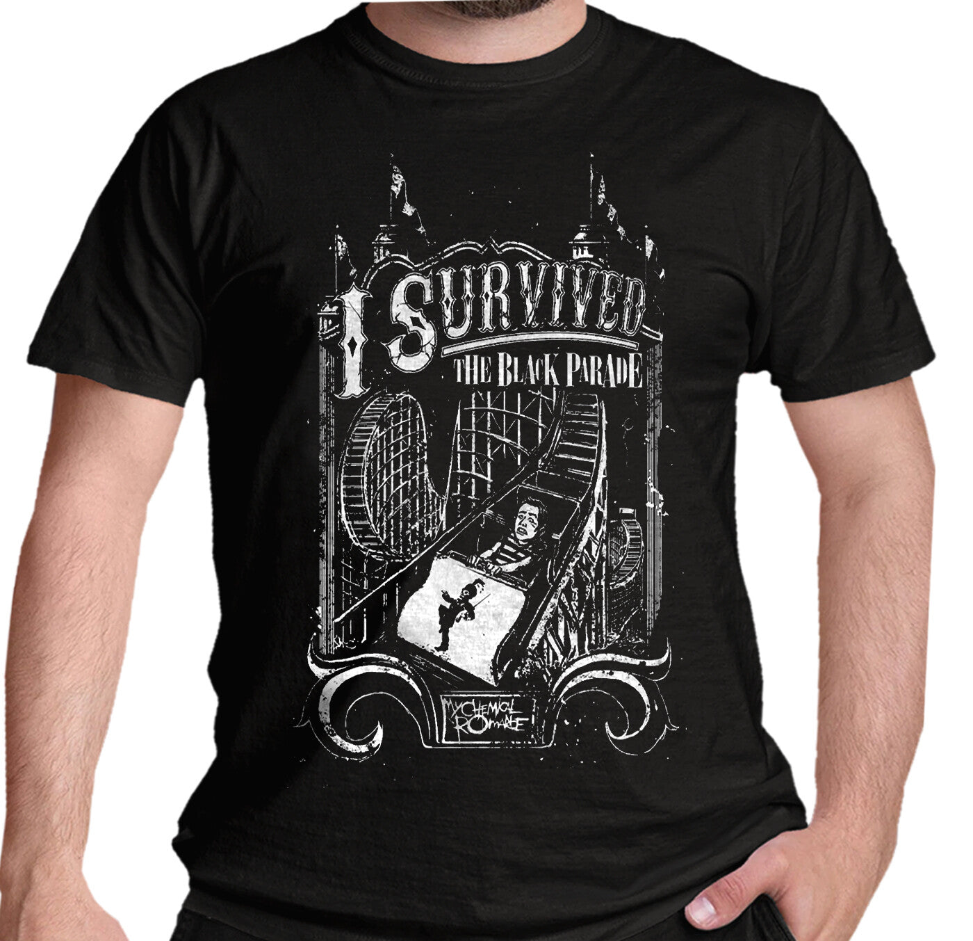 Official My Chemical Romance T shirt with I survived the black parade roller coaster MCR graphic design on the front in white.