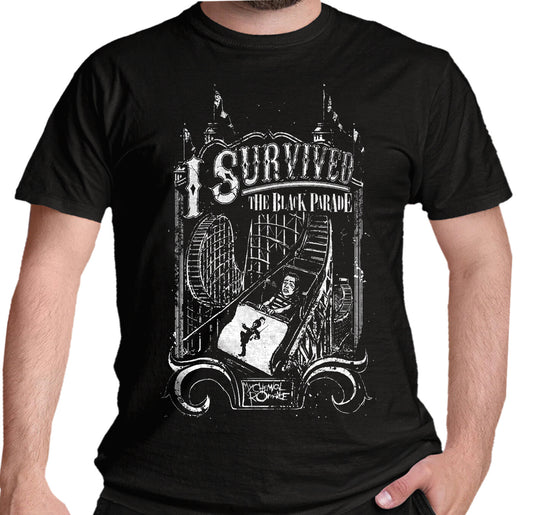 Official My Chemical Romance T shirt with I survived the black parade roller coaster MCR graphic design on the front in white.