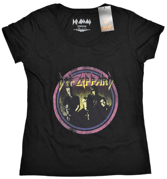 official black Def Leppard Ladies t shirt with Def Leppard text and band members graphic in a circle on the front
