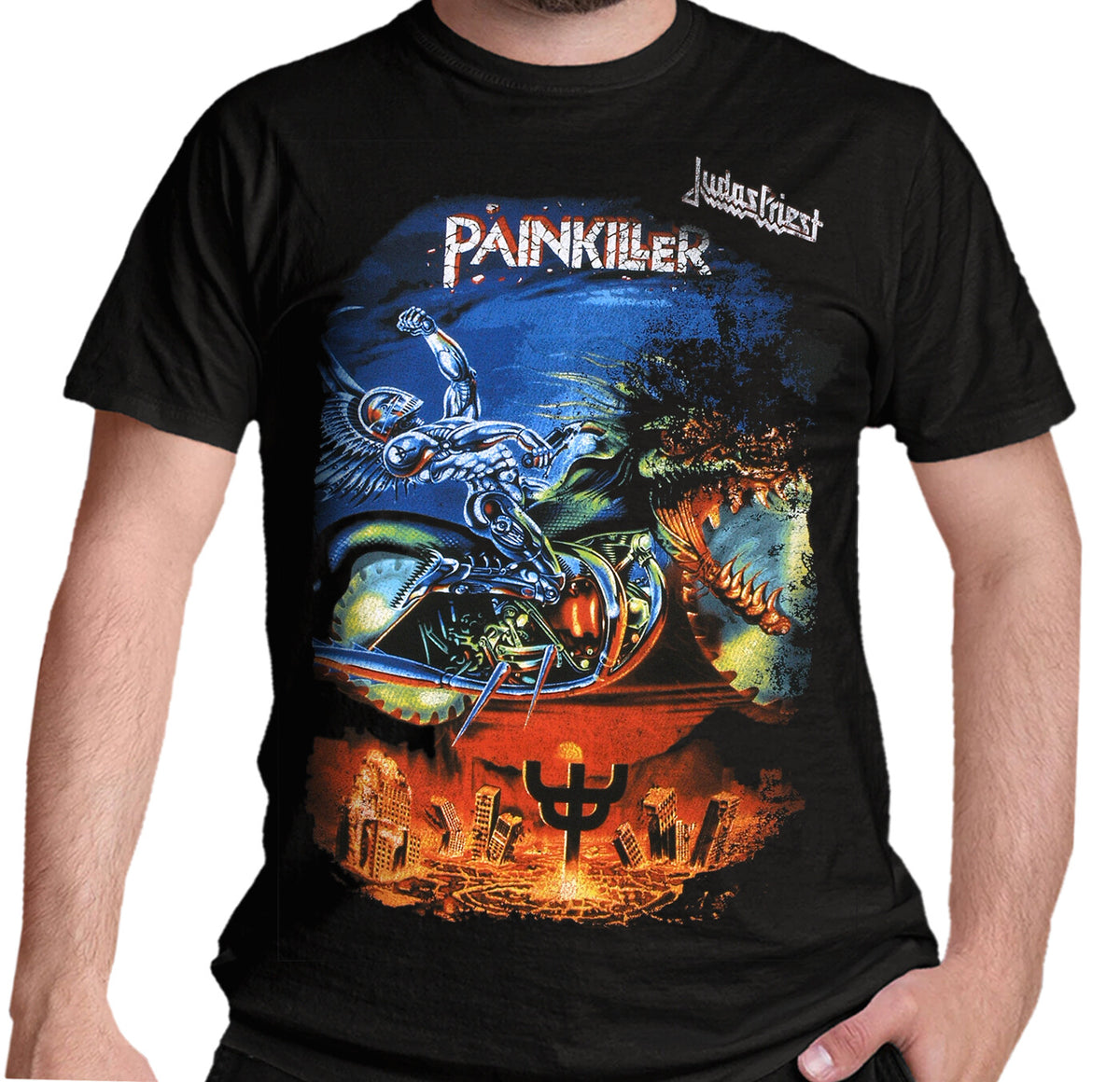 Black Official Judas priest t-shirt with 'Judgment Day Painkiller' graphic design featuring a terminator style robot creature  on a motorcycle.