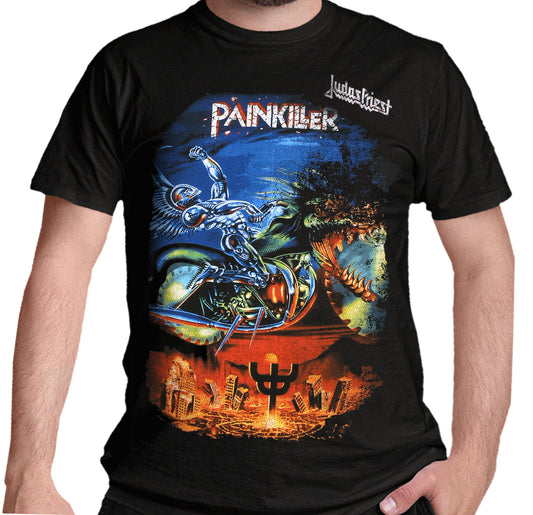 Black Official Judas priest t-shirt with 'Judgment Day Painkiller' graphic design featuring a terminator style robot creature  on a motorcycle.