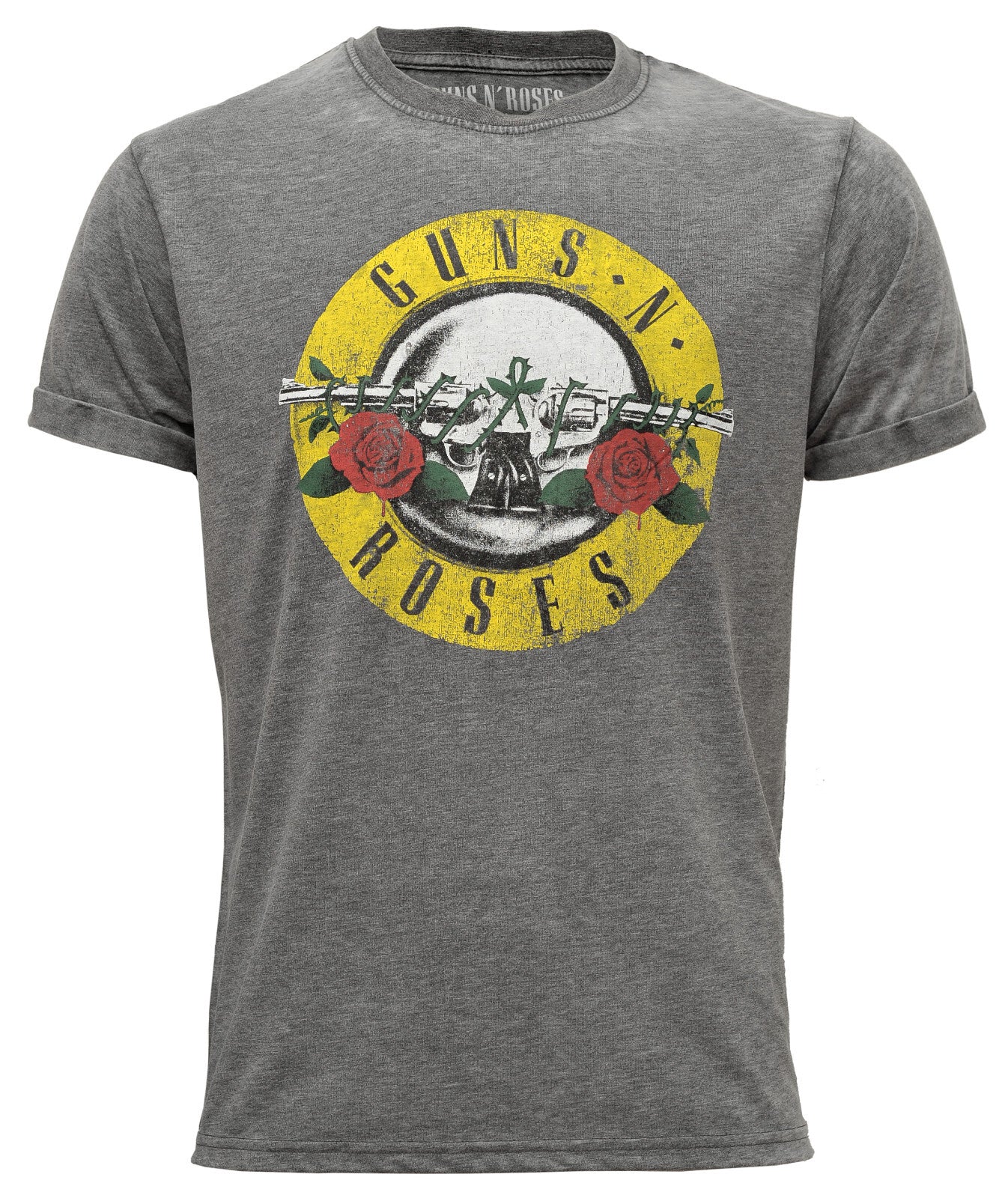 a grey burnout official guns n roses t shirt with classic logo on the front