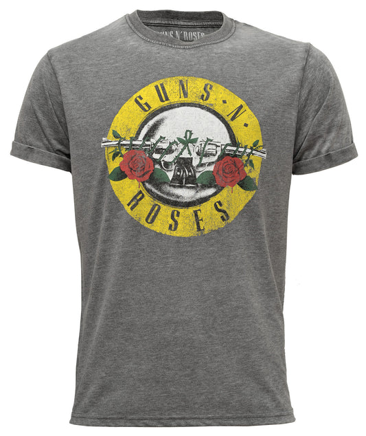 a grey burnout official guns n roses t shirt with classic logo on the front