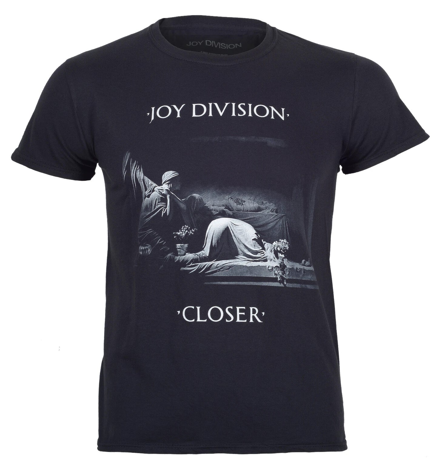 Black official Joy Division t-shirt with 'Joy Division' and 'Closer' album graphic design on the front