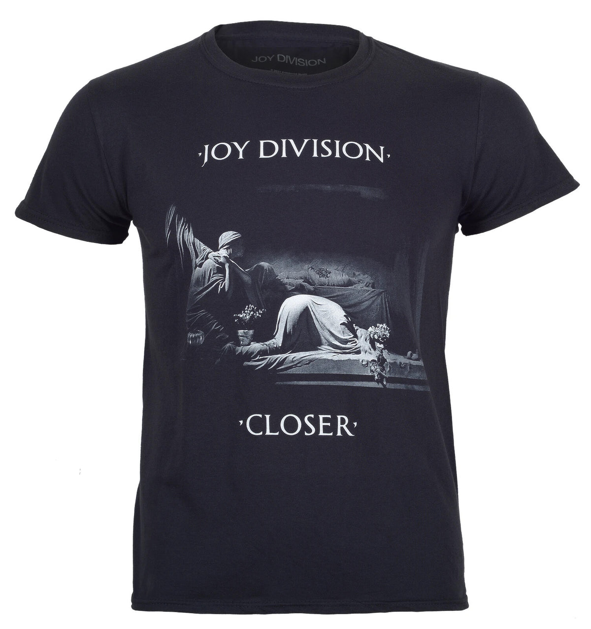 Black official Joy Division t-shirt with 'Joy Division' and 'Closer' album graphic design on the front