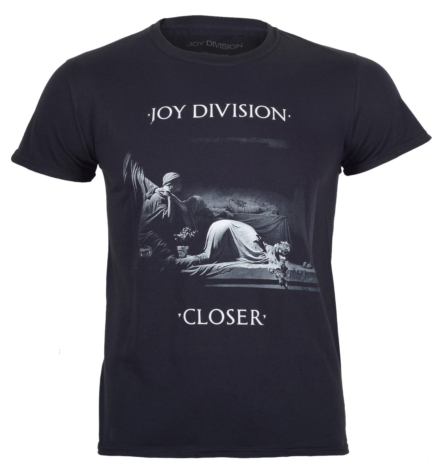 Black official Joy Division t-shirt with 'Joy Division' and 'Closer' album graphic design on the front