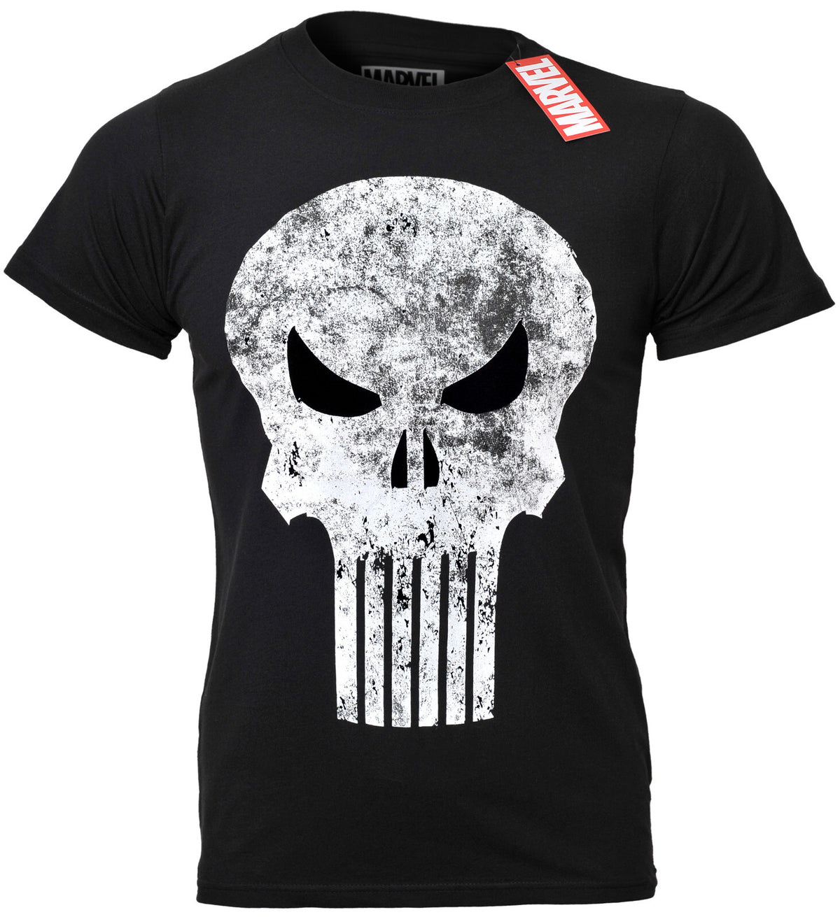 Official Black cotton Marvel t Shirt with a large Punisher skull on the front in white in a vintage finish.