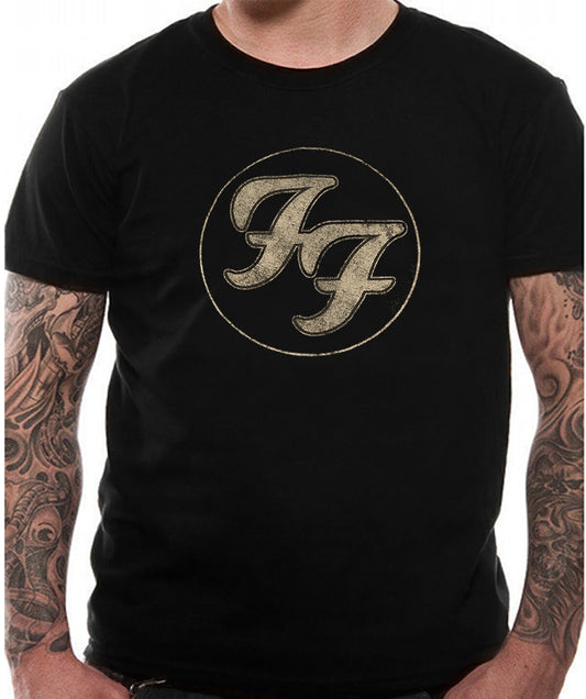 black official Foo Fighters T Shirt with the distressed FF logo in circle on the front