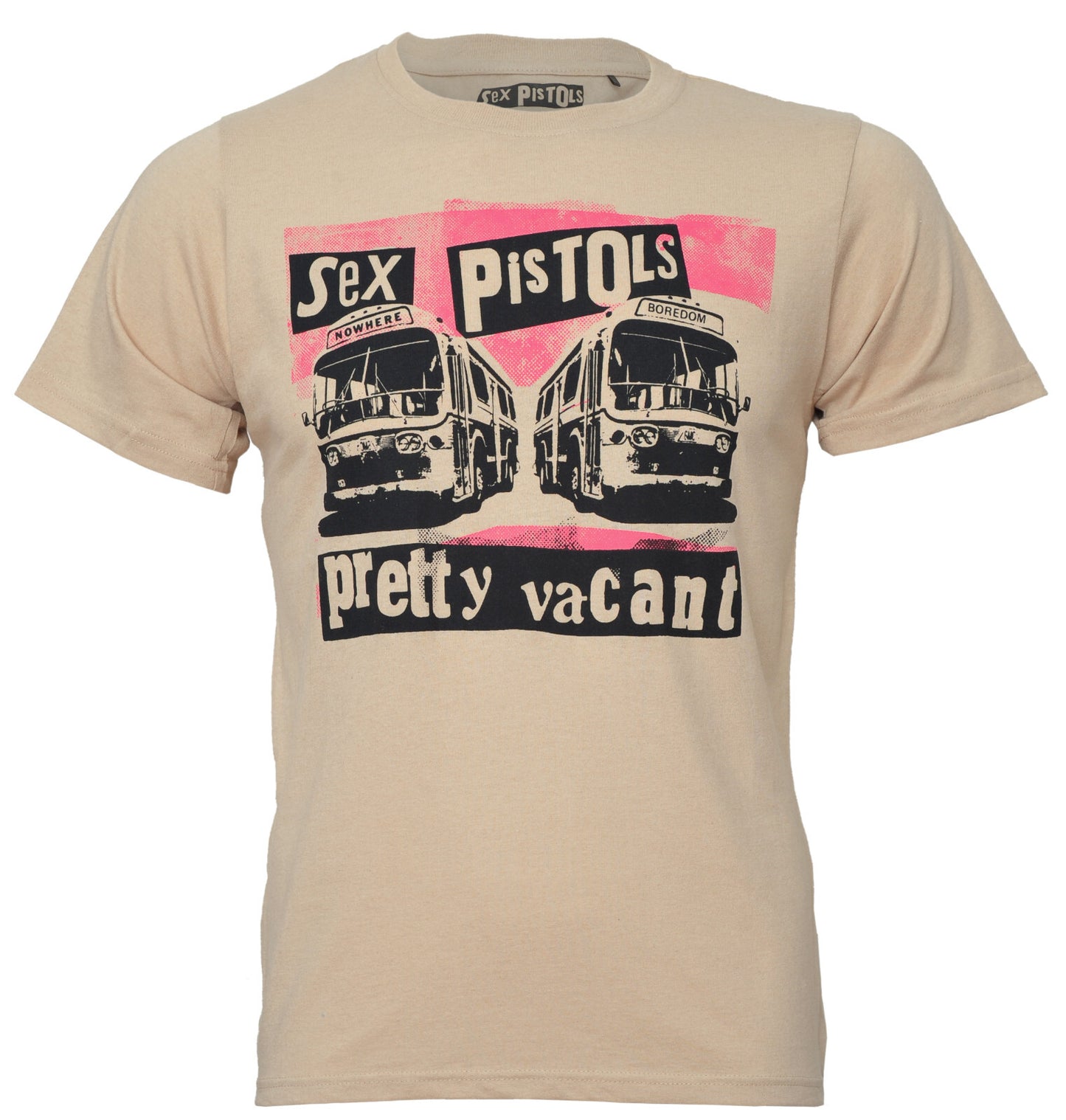 Official Sex Pistols Beige t-shirt with Pretty Vacant Bus graphic design on a white background