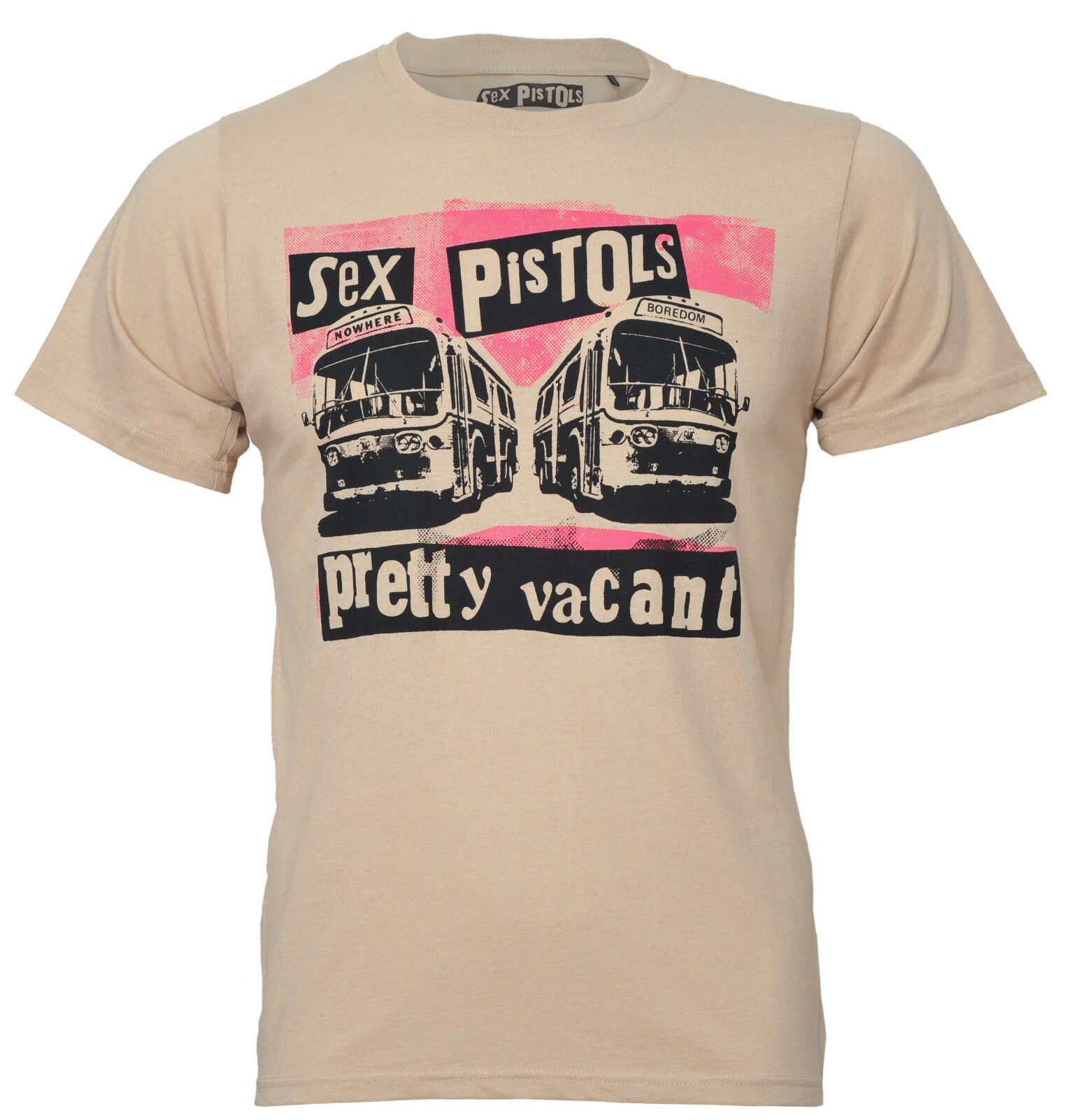 Official Sex Pistols Beige t-shirt with Pretty Vacant Bus graphic design on a white background