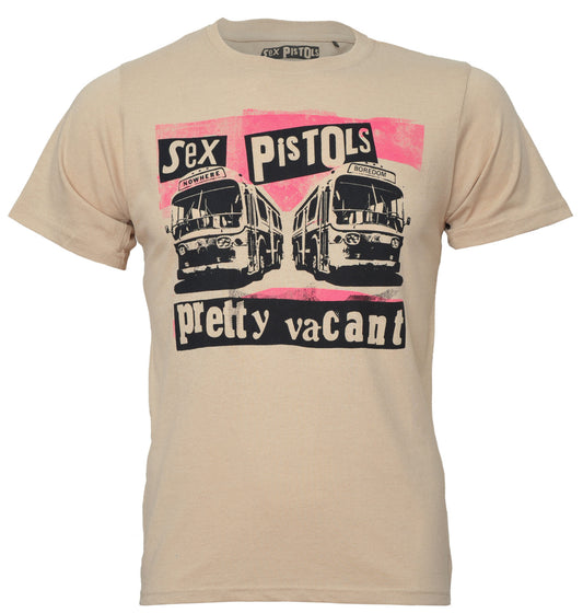 Official Sex Pistols Beige t-shirt with Pretty Vacant Bus graphic design on a white background