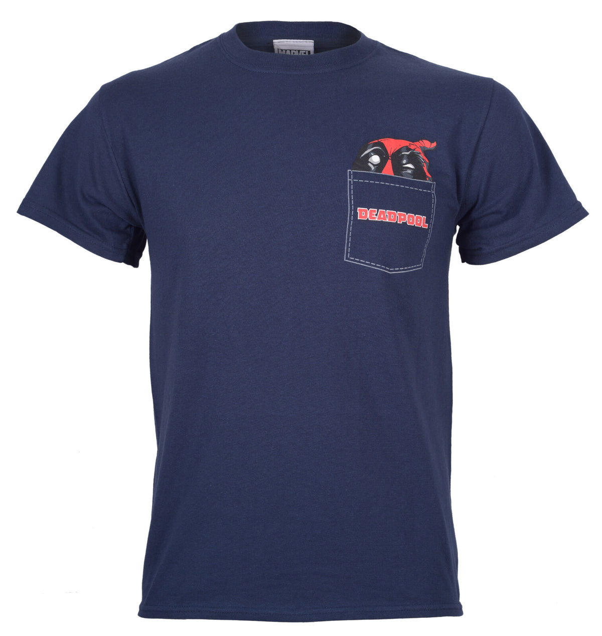 official Deadpool blue t shirt with Deadpool pocket logo graphic on the chest