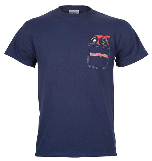 official Deadpool blue t shirt with Deadpool pocket logo graphic on the chest