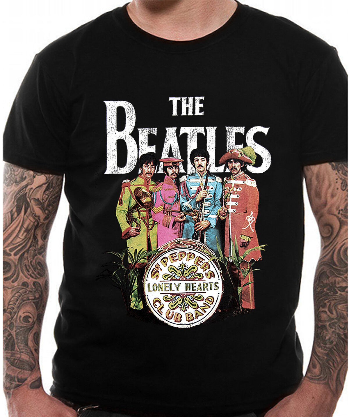Official Beatles Sgt Pepper t shirt in Black with classic Sgt Pepper album art on front