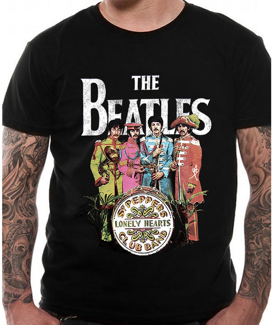 Official Beatles Sgt Pepper t shirt in Black with classic Sgt Pepper album art on front