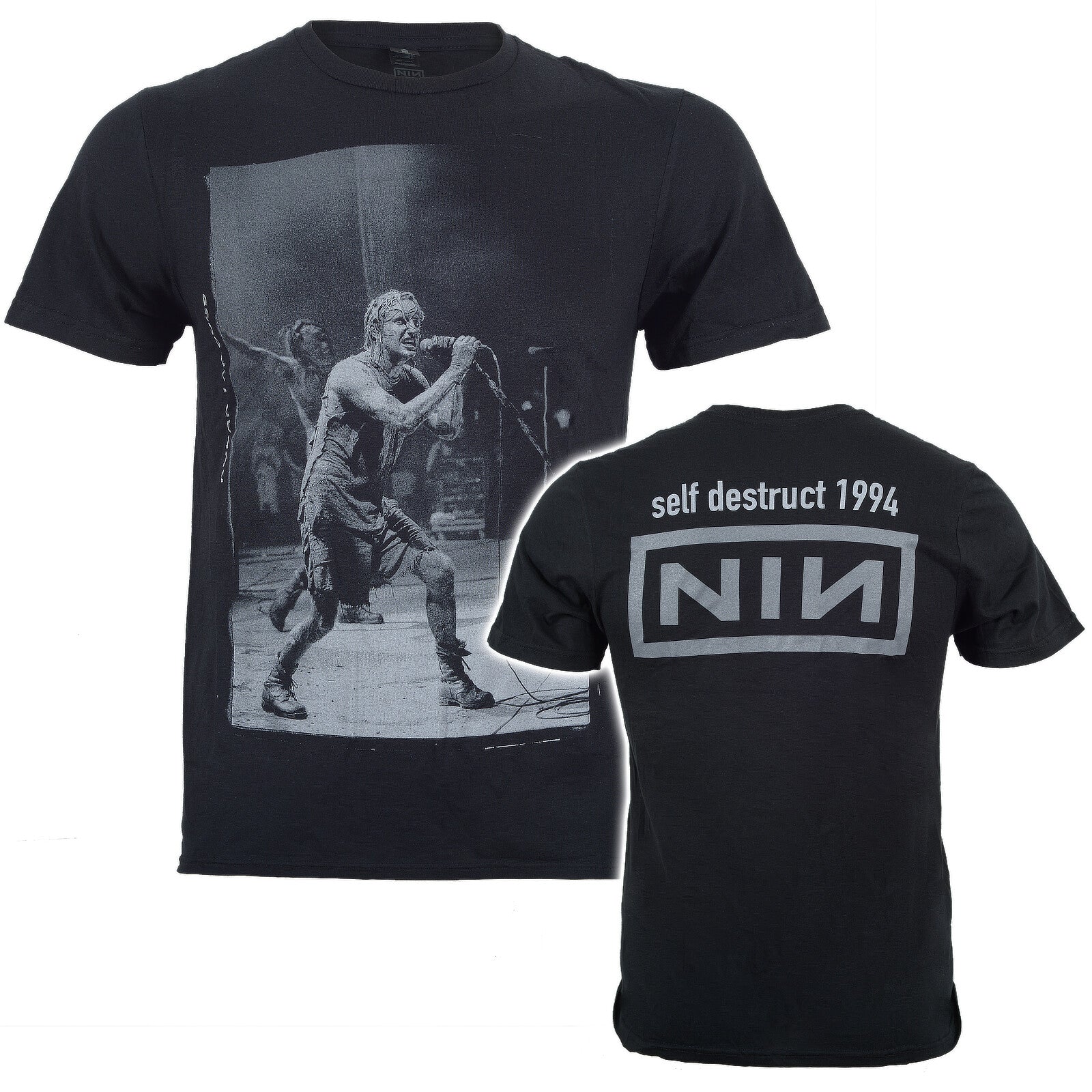 Official Nine Inch Nails Black t-shirt with Trent Reznor graphic design on front and 'NIN' logo on back, featuring the text 'self destruct 1994'.