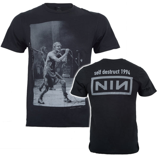 Official Nine Inch Nails Black t-shirt with Trent Reznor graphic design on front and 'NIN' logo on back, featuring the text 'self destruct 1994'.