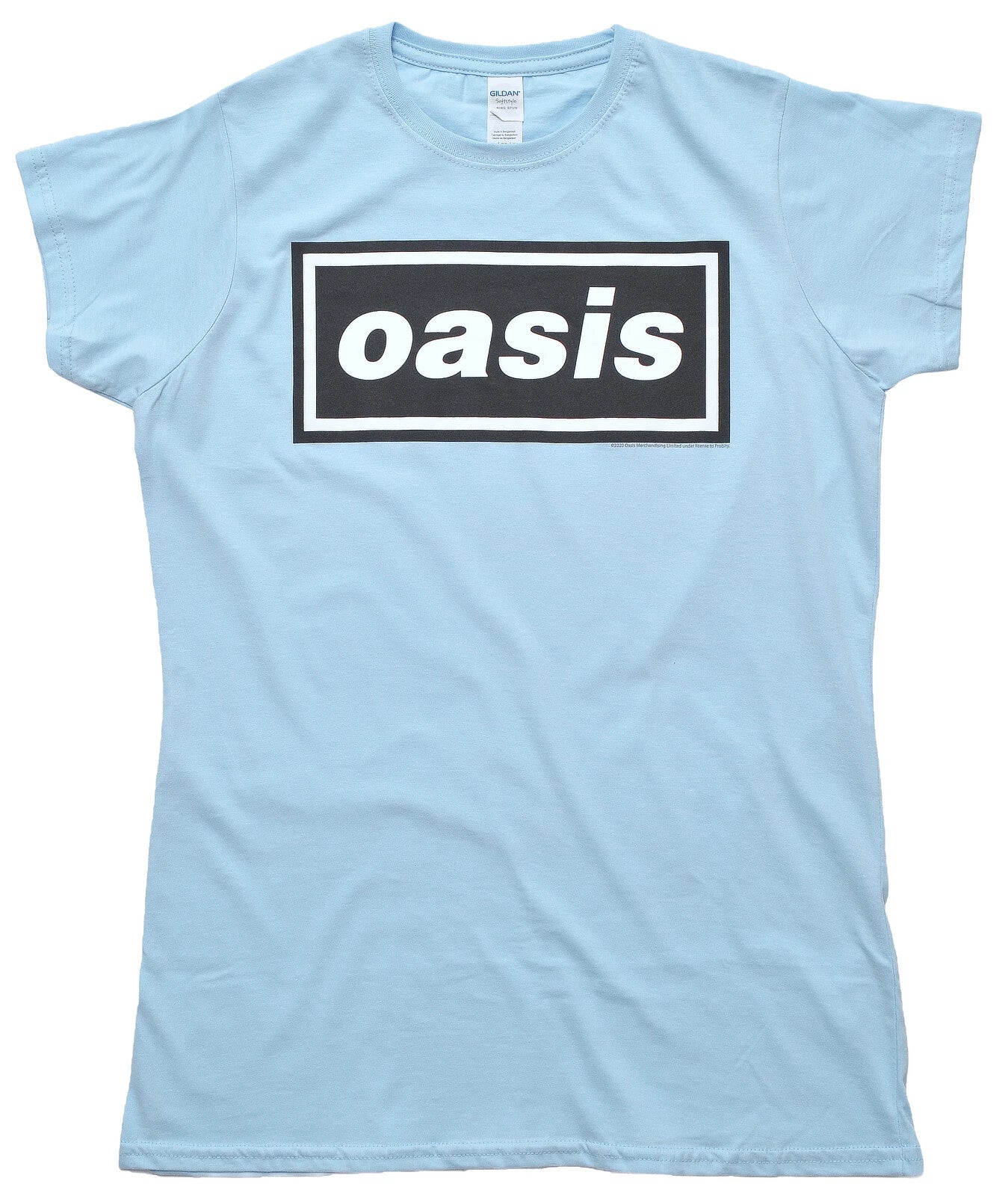 Official Light blue t-shirt with 'oasis' decca logo on a white background