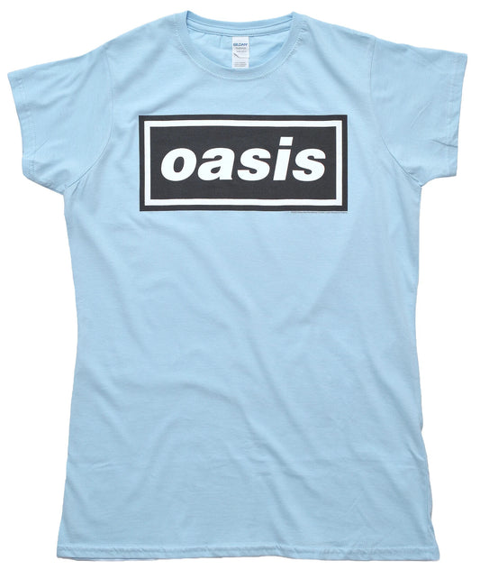 Official Light blue t-shirt with 'oasis' decca logo on a white background