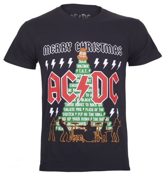 black official ac dc christmas tree t shirt  band logo in front of a stylised christmas tree with hells bell on the top band silhouettes on the bottom