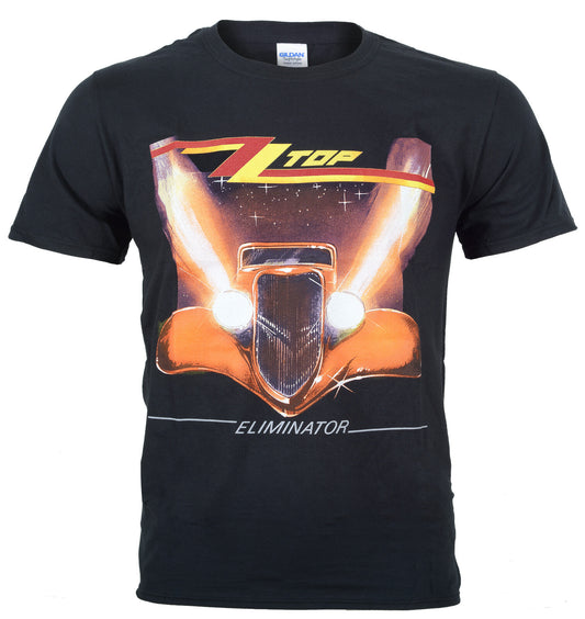 official black zz top eliminator t shirt with album graphic on the front