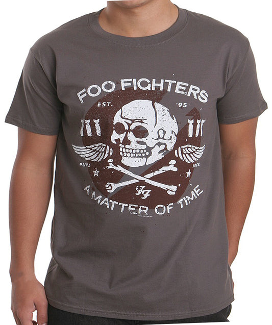 A Grey official Foo Fighters Matter Of Time  T Shirt with the Band name, skull and crossbones and text printed on the front